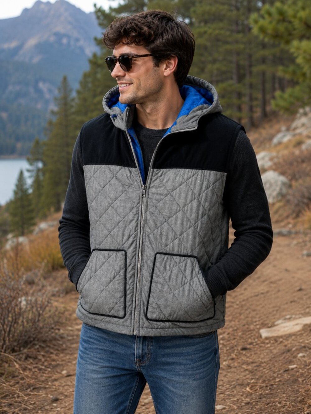 INC International Concepts Men’s XL Gray Black Quilted Hooded Vest *